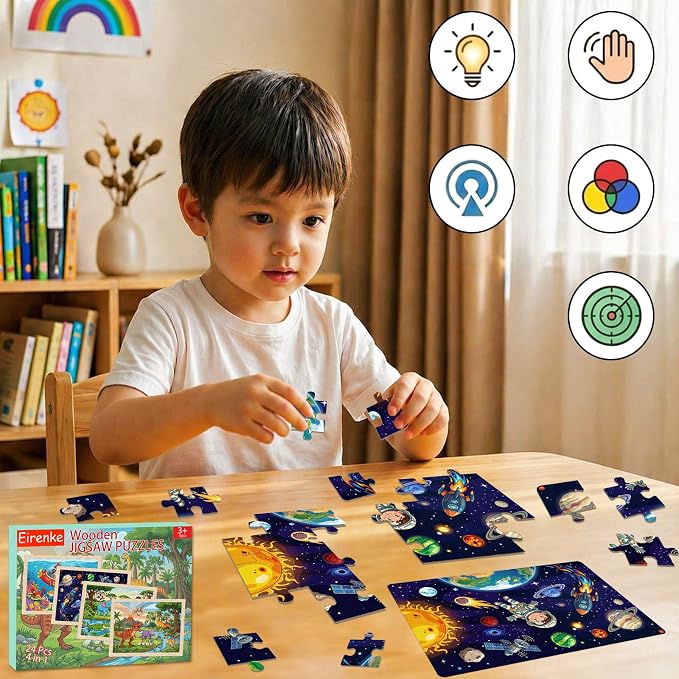 Wooden Puzzles Dinosaur Toys for Kids Ages 4-6, 4 Packs 24 Piece | Wooden Jigsaw Puzzles Preschool Educational Learning Toys Gifts for 3 4 5 6 Year Old Boys and Girls