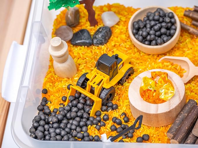 Construction Sensory Bin Kit for Kids | Taste-Safe Rice, Realistic Rocks & Logs, Wooden Tools & Vehicles – Includes Storage Bin – Montessori-Inspired Sensory Play