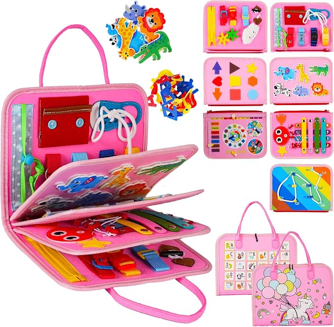 Montessori Busy Board for Toddlers – Sensory Busy Book with Buckles, Zippers, Letters, Animals, Toddler Activities – Fine Motor Skills Development Learning for Boys Girls Travel Activity