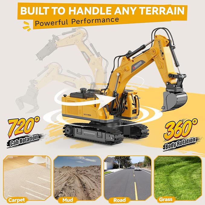 Remote Control Excavator Toy for Boys, 3-in-1 RC Excavator with Alloy Bucket, Breaker & Grapple, Construction Vehicle Toys with Lights & Sounds, 2×1200mAh Batteries, Birthday Gift for Kids 3-12