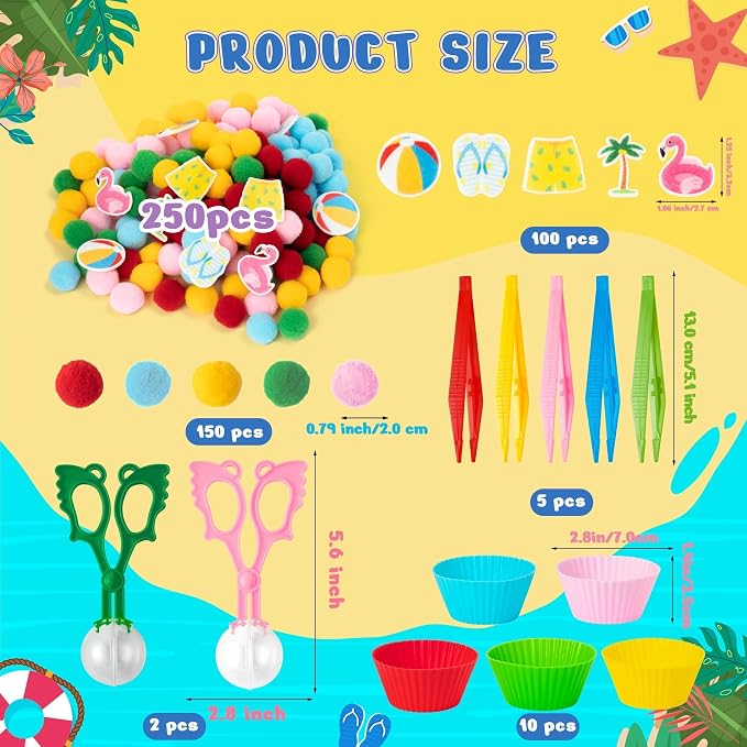 EZdhuawuse Summer Sensory Bin Fillers - 268Pcs Summer Beach Fine Motor Toys Counting Sorting for Kids, Felt Beach Ball Palm Tree Pom Poms Cup Clip for Preschool Education Birthday Gift Party Favors