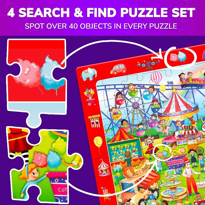 QUOKKA 100 Piece Puzzles for Kids Ages 4-6 – 4xSET Search and Find Kids Puzzles Ages 5-8 – Artist-Crafted Illustrations, Hidden Objects, Unique Jigsaw Shapes, Educational Activity for Learning & Play