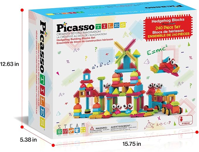 PicassoTiles 240 Piece Hedgehog Bristle Blocks 3D STEM Building Toy Ages 3+ | Easy angle-to-angle connections, vivid colors, creative exploration, spatial reasoning, fine motor skills, solo or group play