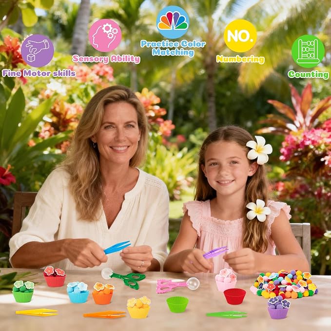 EZdhuawuse Summer Sensory Bin Fillers - 304Pcs Hawaii Flower Fine Motor Toys Counting Sorting for Kids, Felt Colorful Hawaii Flower Pom Poms Cup Clip for Preschool Education Birthday Gift Party Favors