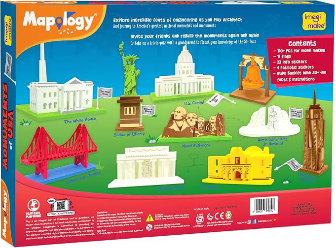 Imagimake Mapology - Monuments of USA, Build 10 3D Famous Landmarks | Educational 3D Puzzle, Learn Geography & 50+ Facts, Back to School Gift for Boys & Girls Ages 5,6,7,8,9,10,11,12 Years Old