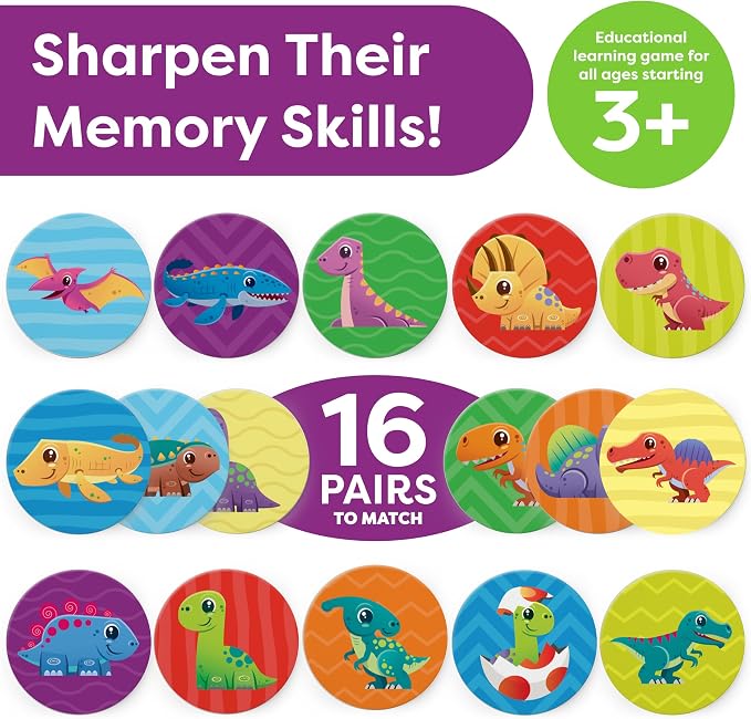 Momo & Nashi Dinosaur Toys for Kids 3-5 Matching Game - 32pc Dinosaur Games for Kids Memory Game - Kindergarten Preschool Educational Toys - Gifts for 3 Year Old Boys & Girls