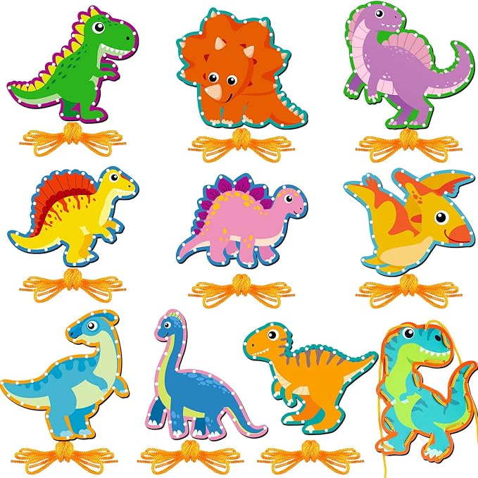 10 Pcs Kids Lacing Cards Double Sided Animal Sewing Cards Kits 10 Styles Lacing Toy Crafts for Toddler Ages 6+ Developing Imagination Preschool Learning Activity Supplies(Dinosaur Style)