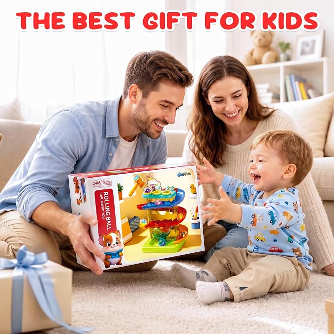 2-in-1 Ball Drop & Car Ramp Race Track Montessori Toy for Toddlers Ages 1-5 | Hammer Rolling Ball, Launch and Race Car-Cause and Effect Sensory STEM Learning Toys for 1-5 Year Old Boys & Girls