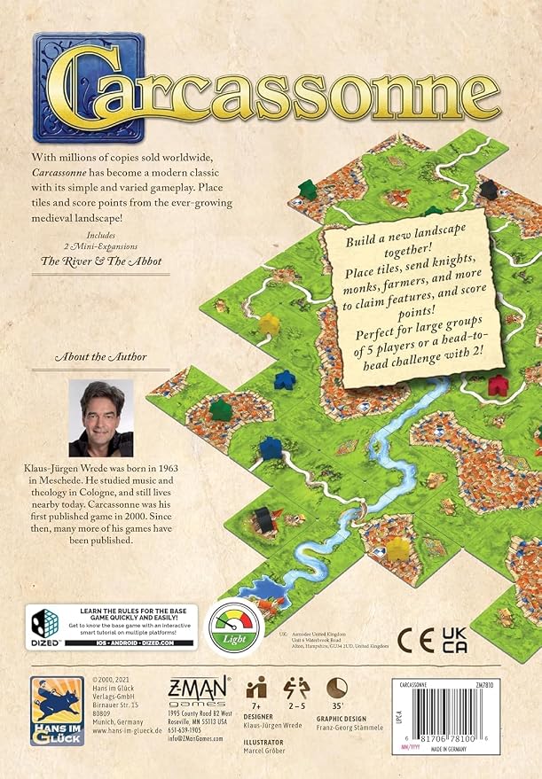 Carcassonne Board Game - Classic Tile Placement Strategy, Medieval Adventure for Adults & Families, Adult Board Games, Family Fun, Kids 8-12, 2-5 Players Ages 7+, 35 Minute Playtime