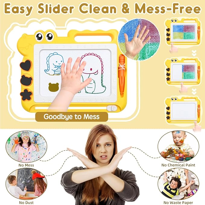 AiTuiTui Dinosaur Magnetic Drawing Board for Toddlers Ages 2-4, Yellow | Doodle Board Toddler Toys, Educational Learning Kids Gift for 3 Year Old Boys Girls, Color Sketch Writing Pad Travel Games