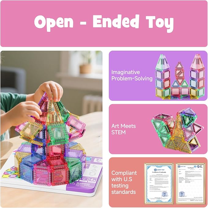 WMDXU Mini Magnetic Tiles Girls: Travel Building Set with Iron Box for 3+ | 42PCS On-the-Go Travel Toy, Strong Magnets Hold Tiles Upside Down without Falling, Iron Box Storage, for Girls 3-8