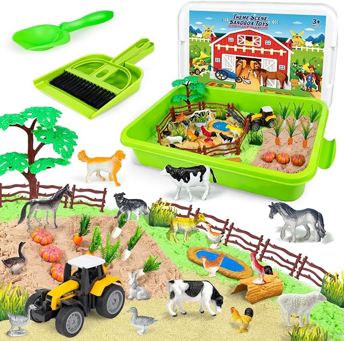 59 Pcs Farm Sensory Bin, Sensory Bins Farm Toys for Kids 3-5 6 7 Sand Toys | Farm Sand Box Kits with Sandbox & Farm Animals & Tractor Toy Playset, Magic Sand Toys for Boys Girls Birthday Gift 3-5 6 7 8