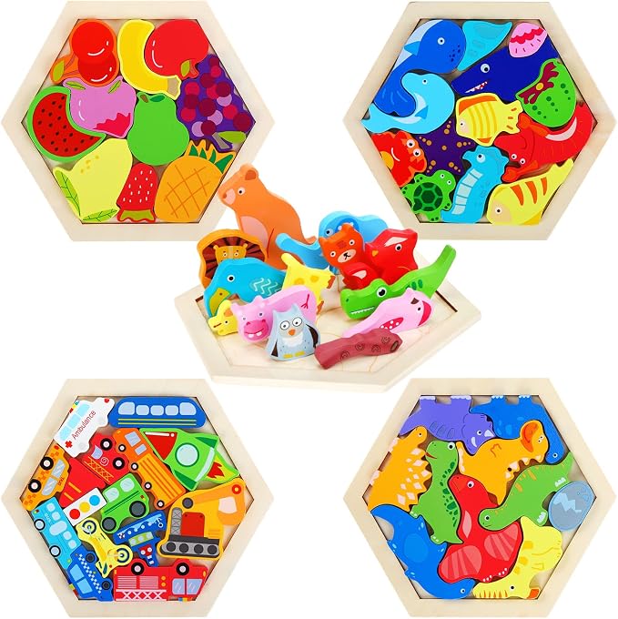 Jerify 5 Pack Wooden Tangram Puzzle for Kids, Brain Teaser Puzzles | Cute Pattern, Wooden Hexagon Puzzle Block Teaser, Pattern Block, Tangram Puzzle, Geometric Shapes Tangram, Boy Girl Toddler