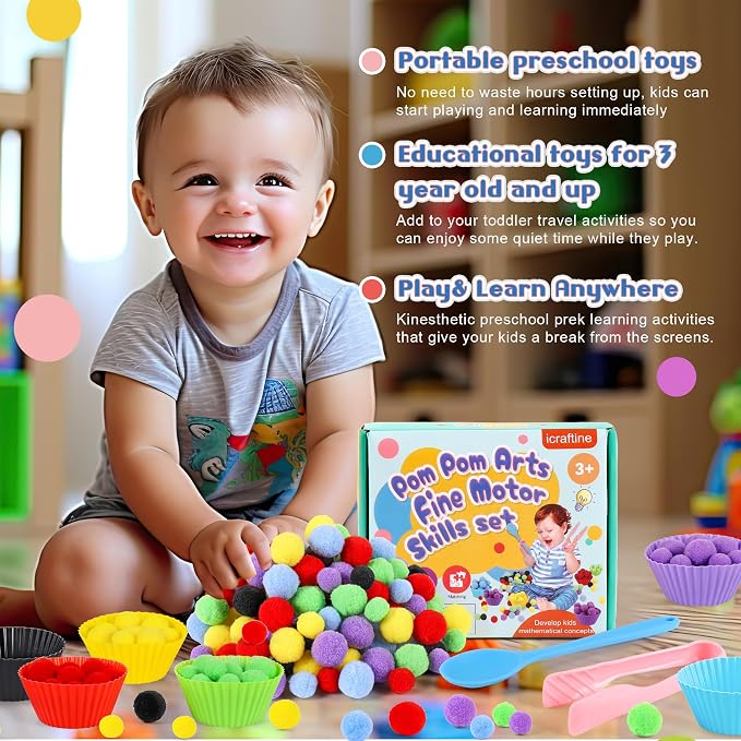 158 PCS Fine Motor Skills Set | 150 Pom Poms, 6 Sorting Bowls, Tweezers, Spoon, Sensory Bin Filler for Preschool Kids Counting, Sorting, Matching Training Ac