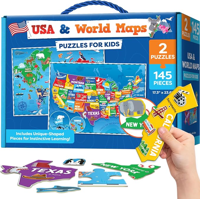 Puzzles for Kids Ages 4-6-8-145pcs World Map & United States Puzzle - Educational Toys for 4+ Year Old - Kids Puzzles Ages 5-8 - Puzzle Games for Kids Ages 5-8 - Gifts for 4 Year Old Girl, Boys