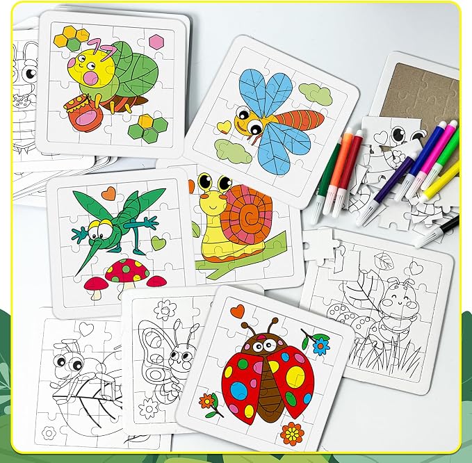 Cinrobiye 24 Pack Insect Coloring Jigsaw Craft Kit for Kids, DIY Bug Activity Set Bulk with 12 Designs, Butterfly Bee Ladybug Puzzle, Spring Party Favors, Classroom Art Projects