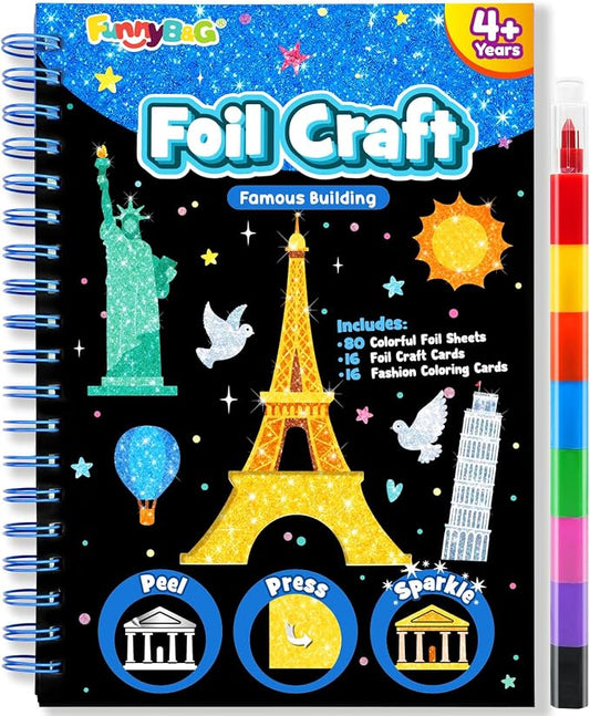 FUNNYB&G Foil Art Craft Kit for Kids, Sparkly Birthday Gift Toy for Kids | No Mess, Kids Ages 4-10 Create Sparkling Artwork, A Creative Gift for Birthdays, Holidays, Travel Activities,Screen-Free Fun.
