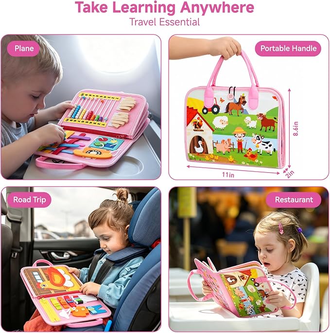 Montessori Busy Book Toy for 1 2 3 Year Old Girl Gifts, Learning Educational Toy for Toddlers 1-3, Fine Motor Skill Toy & Car Travel Activity Book, Birthday Gift for 1-2 Year Old Girl
