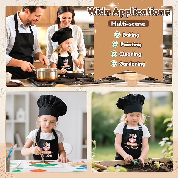 R HORSE Kid Apron and Chef Hat Set 2Pcs Adjustable Black My Kitchen Children Kitchen Apron, Dress up Role Play Chef Toy Funny Cooking Baking Painting and Training Kits for Kids Birthday Holiday Gift