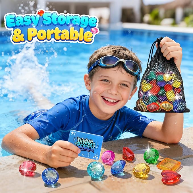 Diving Toys for Kids, Seek Treasure Underwater Pool Gem Hunt Pool Game | with 60PCS Sinking Gems, Pirate Treasure Chest, 35PCS Game Cards, Summer Swimming Pool Toys for Toddlers Kids Age 3-10