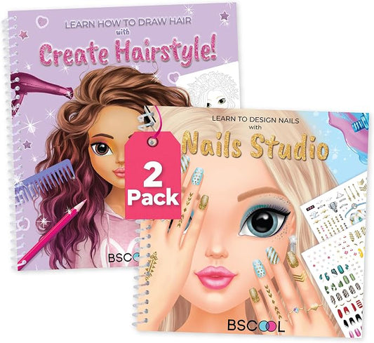 BSCOOL Sticker Book for Girls Hair Design & Nail Art Set. Sticker Book | Includes hairstyle and nail design activity books with guides; a creative birthday gift for kids ages 5 and up