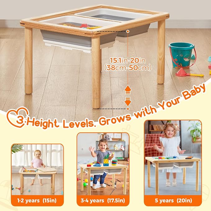 FUNLIO Wooden Sensory Table for Toddlers 1-5, 3-Level Height Adjustable Kids Activity Table with Anti-Warping Plywood Lid, Indoor/Outdoor Play Sand and Water Table, CPC Certified
