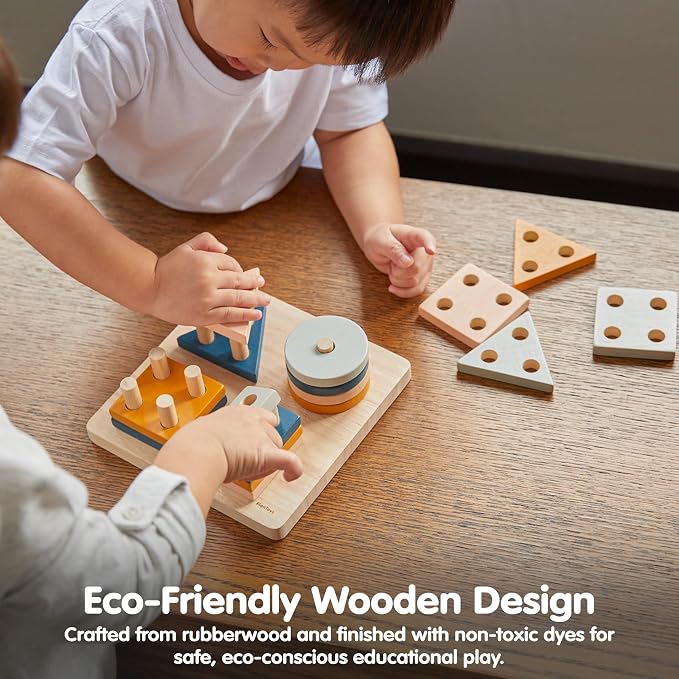 PlanToys® Geometric Sorting Board Orchard Shade, Montessori Kids Shape Toy | geometric sorting board orchard shade, montessori shape size colour learning, fine motor problem solving activity, kids toy