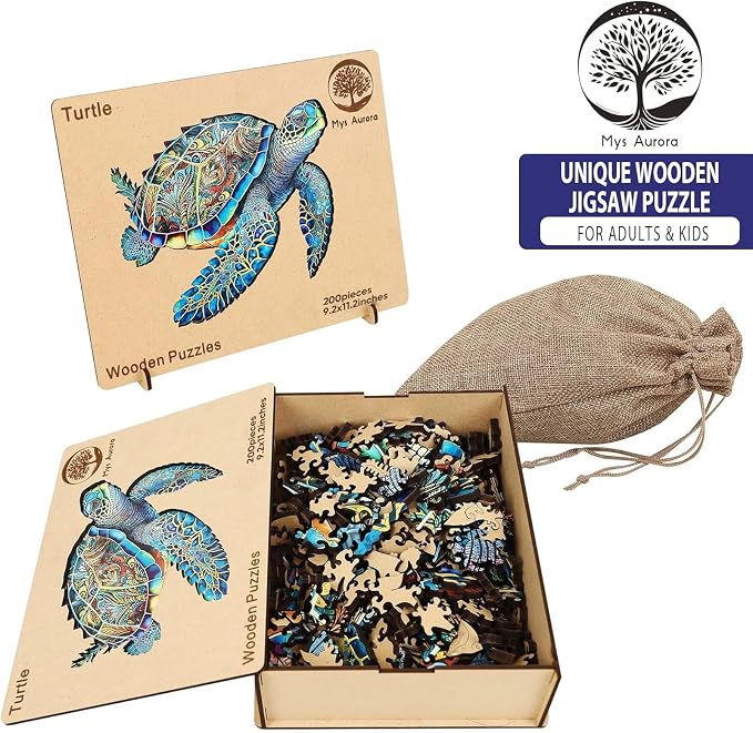 Mys Aurora Wooden Puzzles, Sea Turtle Jigsaw Puzzles 200 Pieces | FSC Certified 5MM Unique Shaped Wooden Puzzle for Adults and Kids, Birthday Gift Family Game 9.2 x 11.2 Inch