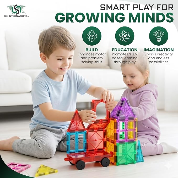 Magnetic Tiles 100 Pcs with 2 Cars STEM Building Blocks Toys for Kids 3+ | 100-piece magnetic building tile set with 2 cars for STEM, open-ended play, and kindergarten classroom learning fun
