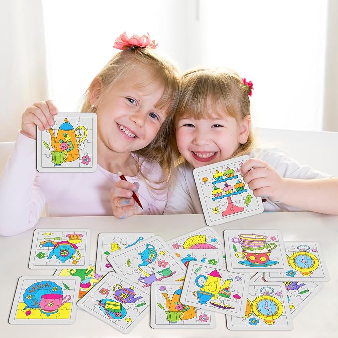 Cinrobiye 24 Pcs Tea Party Coloring Jigsaw Craft Kit for Kids, DIY Floral Teapot Activity Set Bulk with 12 Designs, Afternoon Tea Birthday Favors, Classroom Art Projects