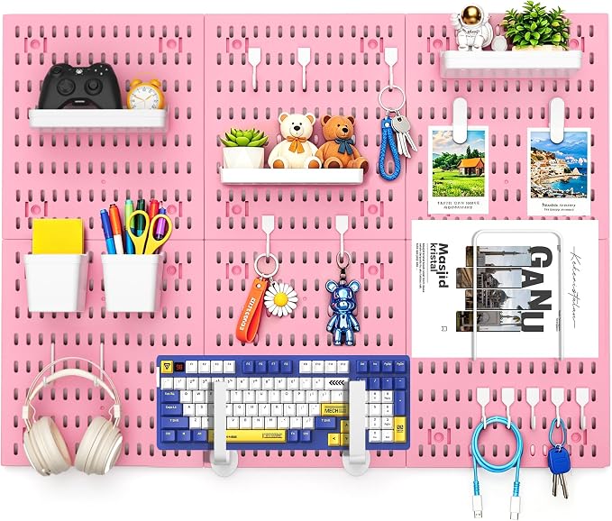 Pink Peg Board, 24"x36" Pegboard Wall Organizer, Includes 6PCS Pink Peg Boards and Accessories, Plastic Peg Board Panels for Craft Room, Office, Kitchen, Gaming Room
