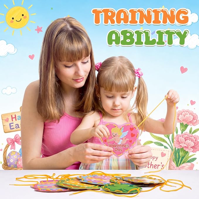 Funrous 10 Pieces Kids Recognition Lacing Cards,Holiday | Thick Cardboard Educational Sewing Cards, Double Sided Lacing Playing Games, For Preschool Developing Imagination Supplies