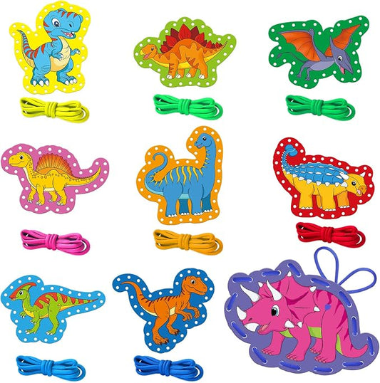 Dinosaur Lacing Cards, Sewing Kit for Kids,Fine Motor Skills Toys | 9PCS Double Side Toddler Crafts for Shoe Tying Practice,Manipulatives for Preschool Learning Activity,Classroom Must Haves