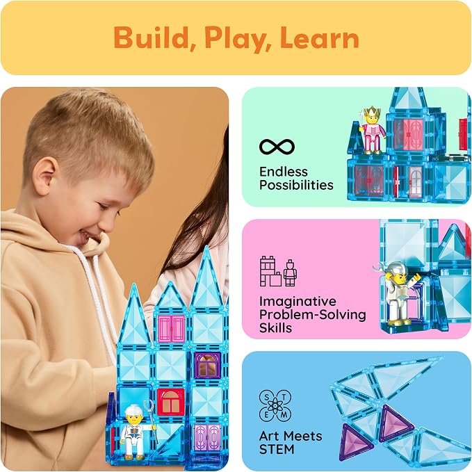 PicassoTiles 71pc Mini Diamond Series Winter Ice Theme Magnetic Tile Building Blocks 2 Character Action Figures Travel Size On-the-Go Magnet Construction Toy Set STEM Development Kit Ages 3+ PTM71