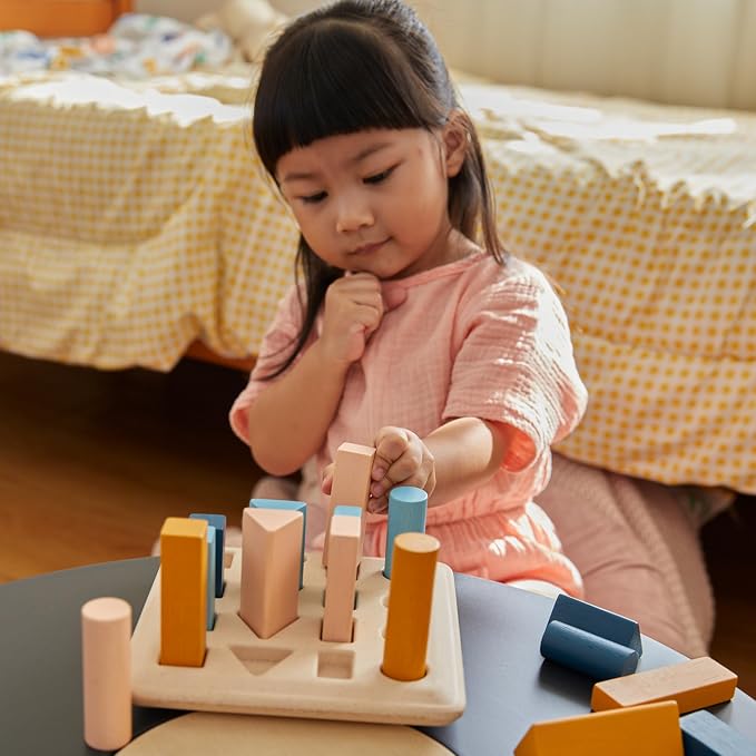 PlanToys® Wooden Geometric Peg Board Montessori Shape Sorting Stacking Toy | wooden geometric peg board, montessori shape sorting stacking, size sequencing logical thinking, color pattern geometry, kids
