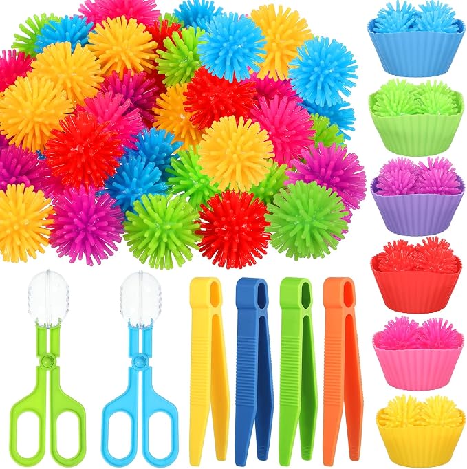 Leitee 90 Pcs Fine Motor Skills Counting Sorting Sensory Bin Filler Toy Set Matching Game Include 72 Hedge Ball 4 Tweezer 2 Scissor Clip 12 Sorting Cup for Preschool Education Train Development