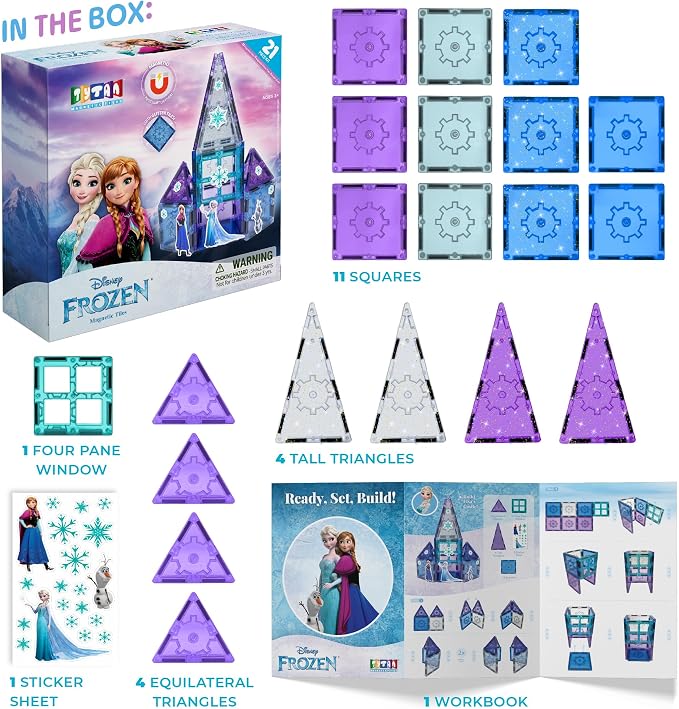 Tytan Toys Disney Frozen Magnetic Tiles Princess Castle - 20-Piece STEAM Building Set with Glitter Tiles & Elsa, Anna, Olaf Stickers - Educational Frozen Toys for Girls Age 3-4+