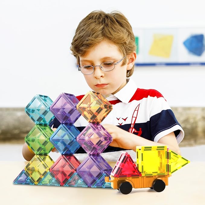 PicassoTiles 80 Piece Magnetic Tiles, STEM Building Set with Car, Ages 3+ | 79 diamond-cut shapes, 1 rolling base, 10 squares, 59 triangles, 10 rectangles, BPA-free, educational learning, creative fun