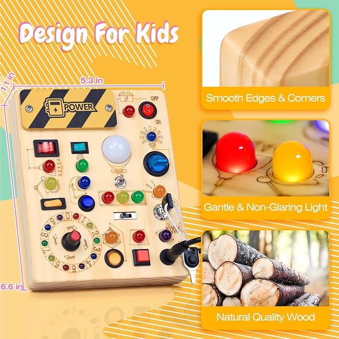 Busy Board with LED Light Switches, Montessori Toys for 1 2 3 Years Old, Toddlers Wooden Toy Sensory Activity Board, Travel Toys for 1+ Year Old Boy & Girl Birthday Gift