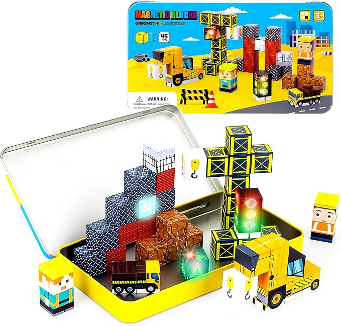 45PCS Magnetic Blocks for Kids with Portable Iron Box Construction | Mini Cubes, Travel Essentials for Airplane, Car, Ride Road Trip, STEM Learning Toy Gift Idea for Toddlers Boys, Girls Ages 3+