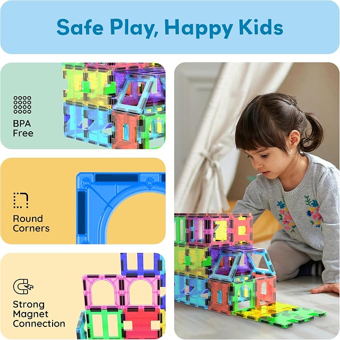 PicassoTiles Magnetic Tiles Building Blocks STEM Toy Set for Kids Ages 3+ | geometric shapes, educational preschool playset, clear window design, ideal starter pack, early brain learning, pretend play