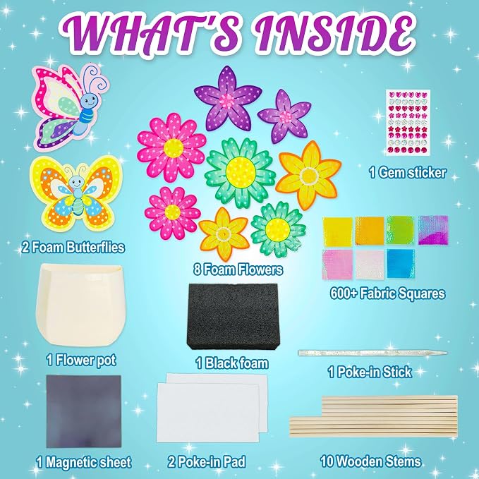 AGENTLAN Poke Art Bouquet Craft Kit,Mess-Free 3D Crafts for Kids Ages 3-8 | Glue free with flower pot,poke in foam flowers, butterflies,DIY arts and crafts gift for toddlers