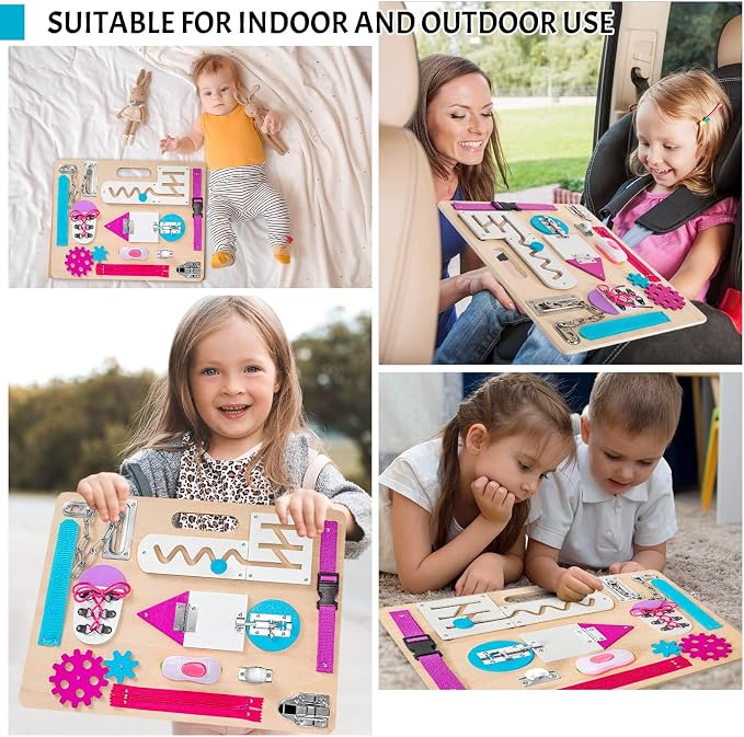 Toddlers Busy Board, Montessori Busy Board for Age 1, Wooden Sensory Toys | Preschool Learning Activities, Basic Life Skills, Fine Motor Skills, Educational Birthday Gifts for Kids Ages 1 2 3 4, Pink