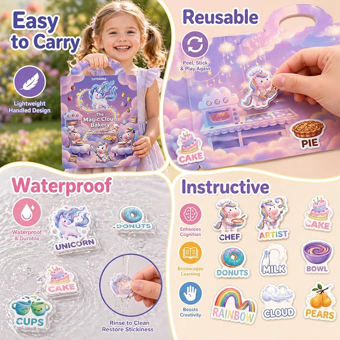 Reusable Jelly Sticker Books for Girls 3-8, Toddlers 2-4, 4 Sets | Sticker Activity Toys | Quiet Travel Toys | 3D Puffy Window Clings | Screen-Free Play | Girl Gift Ages 2-8