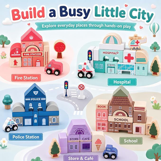 Migargle Wooden Building Blocks Set, 115 Pcs City Construction Stacker Stacking Preschool Learning Educational Toys, Toddler Toys for 3+ Year Old Boy and Girl Gifts