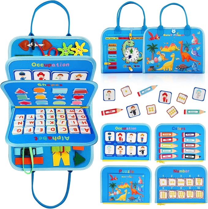 Quiet Flower Busy Board Montessori Toys - Sensory Busy Book for Early Learning, Dinosaur Educational Activity for Fine Motor Skills, Airplane Car Travel Toy Gifts for Boys Girls