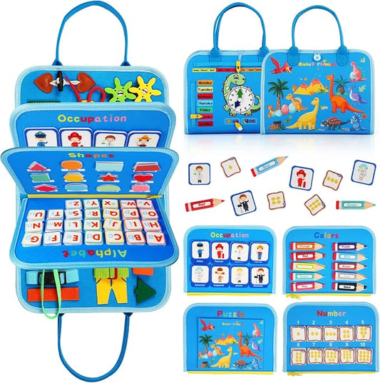 Quiet Flower Busy Board Montessori Toys - Sensory Busy Book for Early Learning, Dinosaur Educational Activity for Fine Motor Skills, Airplane Car Travel Toy Gifts for Boys Girls