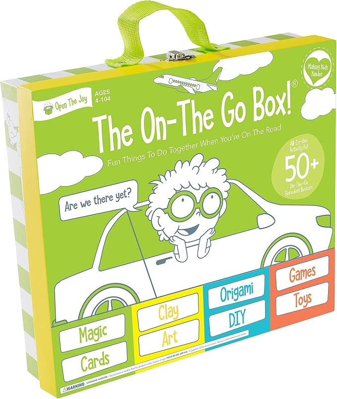 On The Go Box, Road Trip Travel Games Activity Box, Includes Card Games, Craft Kits, and Other 50+ Travel Activities for Kids and Family Ages 4+