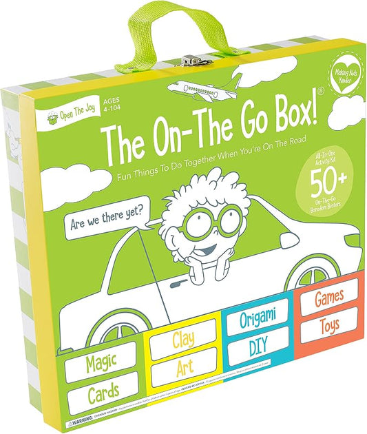 On The Go Box, Road Trip Travel Games Activity Box, Includes Card Games, Craft Kits, and Other 50+ Travel Activities for Kids and Family Ages 4+