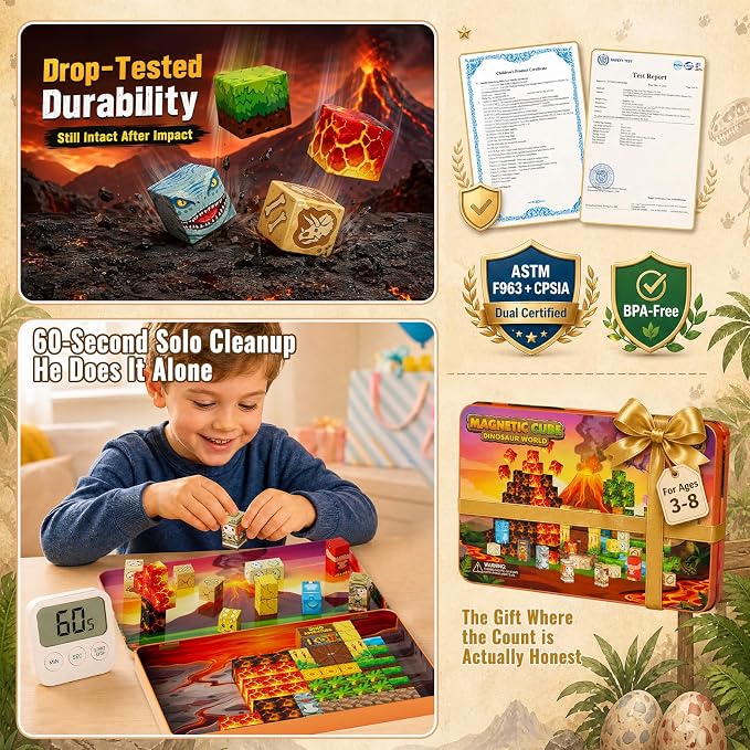 burgkidz Dinosaur Volcano Magnetic Blocks: 675g Portable Tin Case, N32 Strong Magnets, 4-Scene Storybook – Quiet STEM Travel Toy for Road Trip & Airplane, 100 PCS Building Set, Gift for Kids Ages 3-8